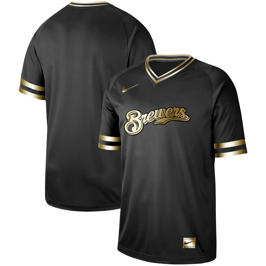 Brewers Blank Black Gold Nike Cooperstown Collection Legend V Neck Jersey