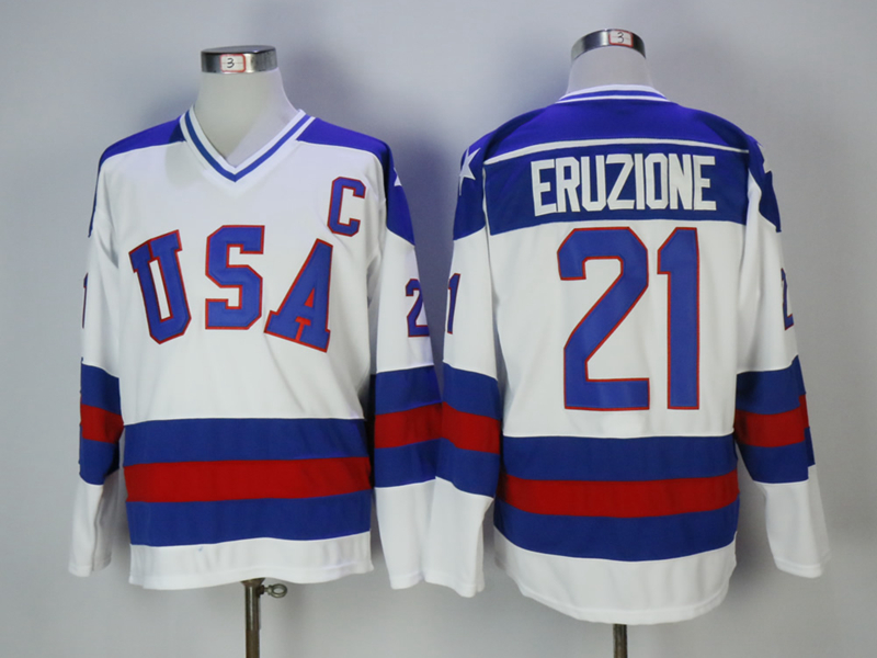 USA 21 Mike Eruzione White 1980 Miracle On Ice Hockey Jersey