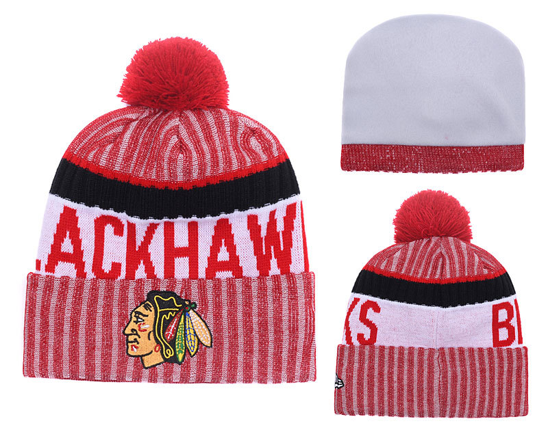 Blackhawks Team Logo Red Cuffed Knit Hat With Pom YD