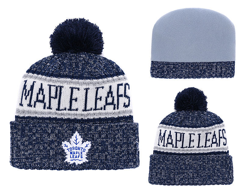 Maple Leafs Team Logo Navy White Pom Knit Hat YD