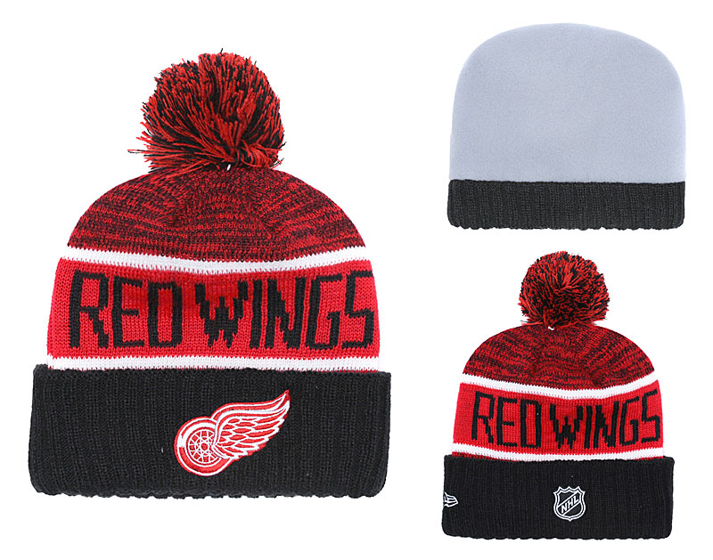 Red Wings Fresh Logo Black Red Pom Knit Hat YD - Click Image to Close