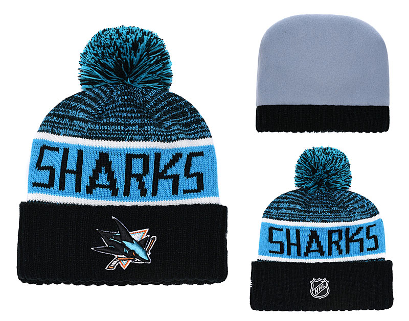 Sharks Fresh Logo Teal Black Pom Knit Hat YD - Click Image to Close