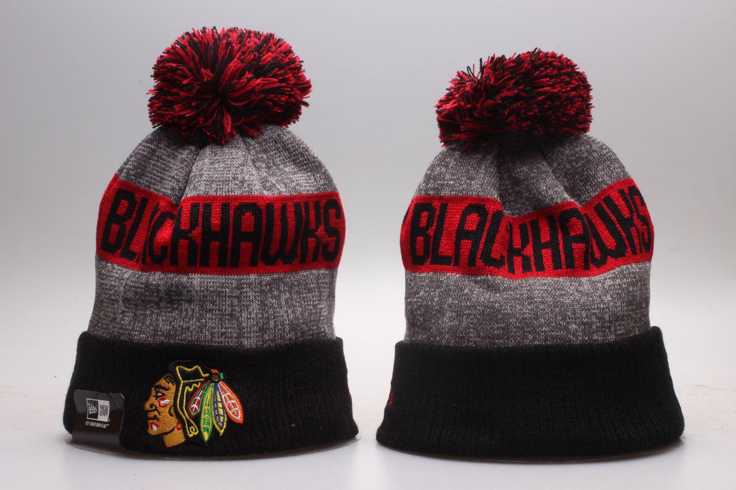 Blackhawks Team Logo Black Cuffed Pom Knit Hat YP - Click Image to Close
