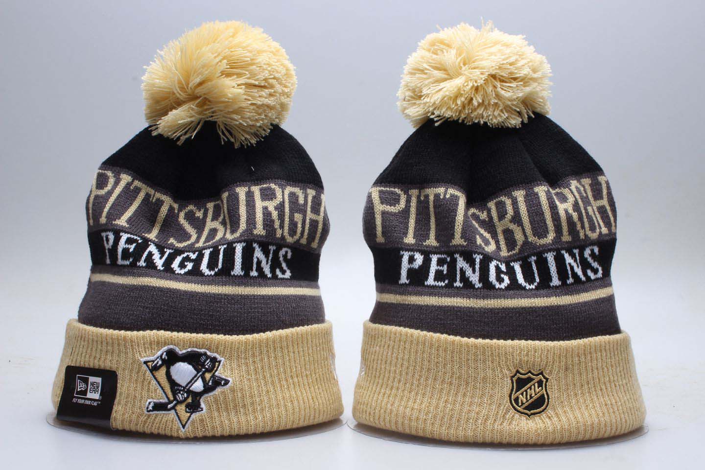 Penguins Black Wordmark Cuffed Pom Knit Hat YP