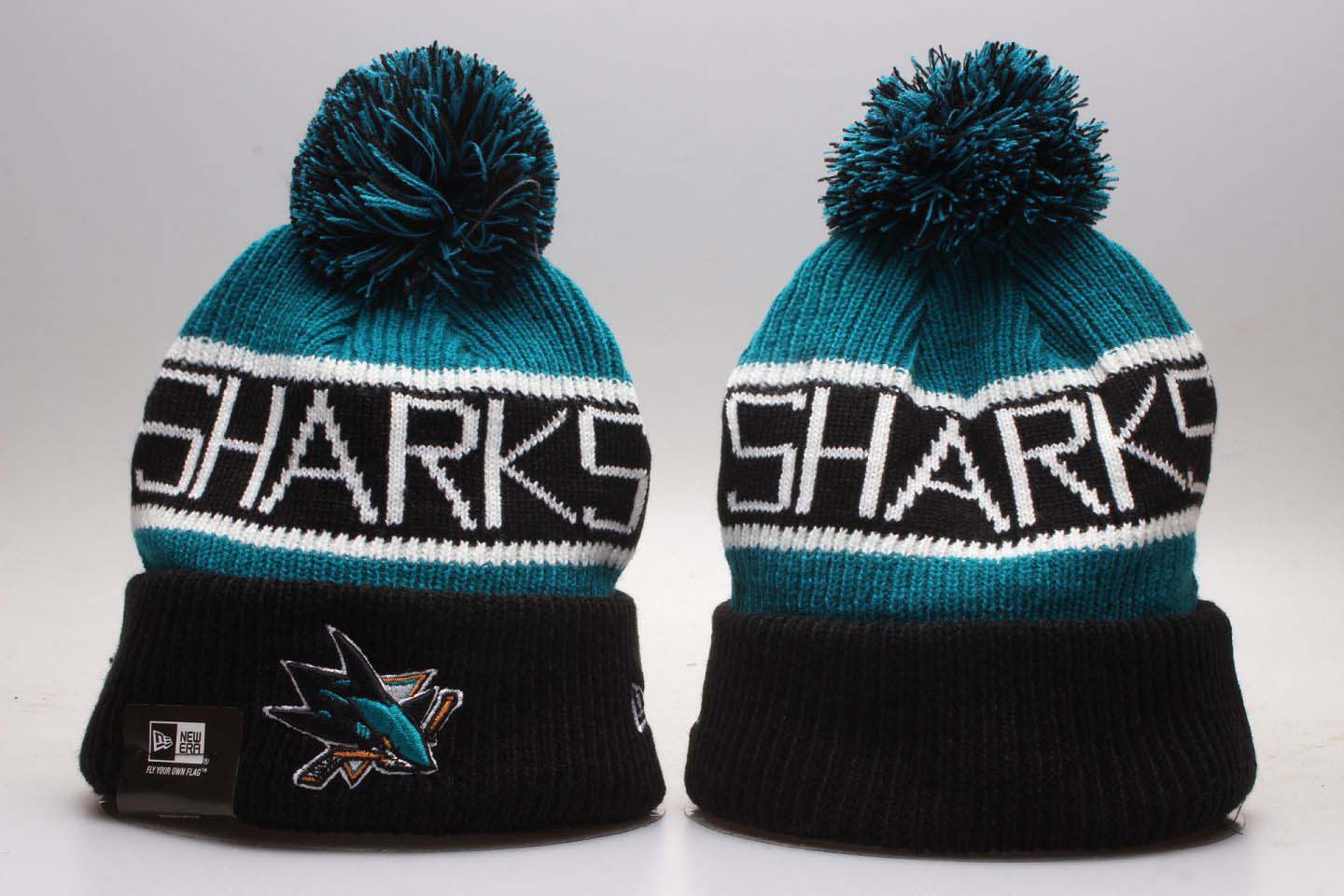 Sharks Biggest Fan Teal Cuffed Pom Knit Hat YP - Click Image to Close