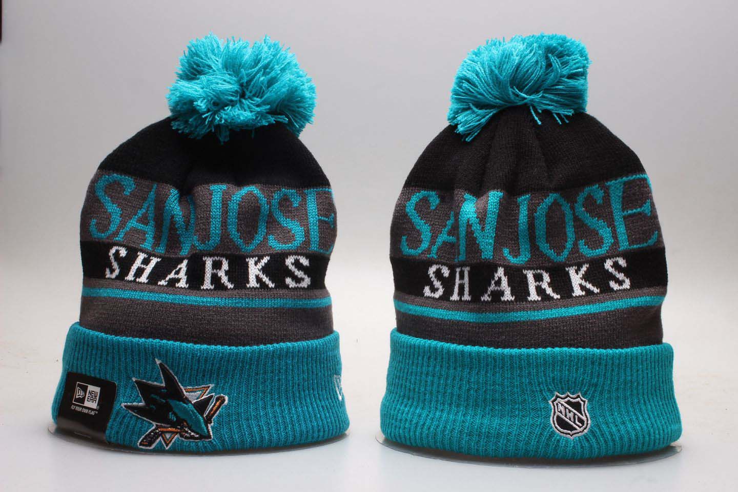 Sharks Fresh Logo Teal Pom Knit Hat YP