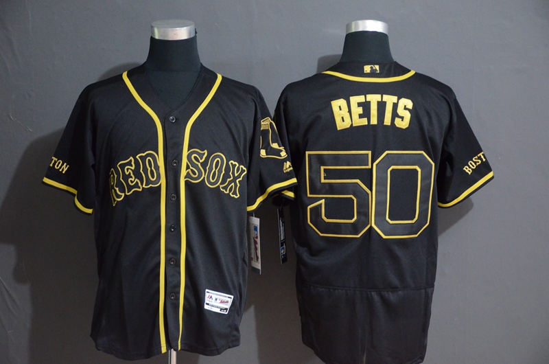 Red Sox 50 Mookie Betts Black Gold Flexbase Jersey - Click Image to Close