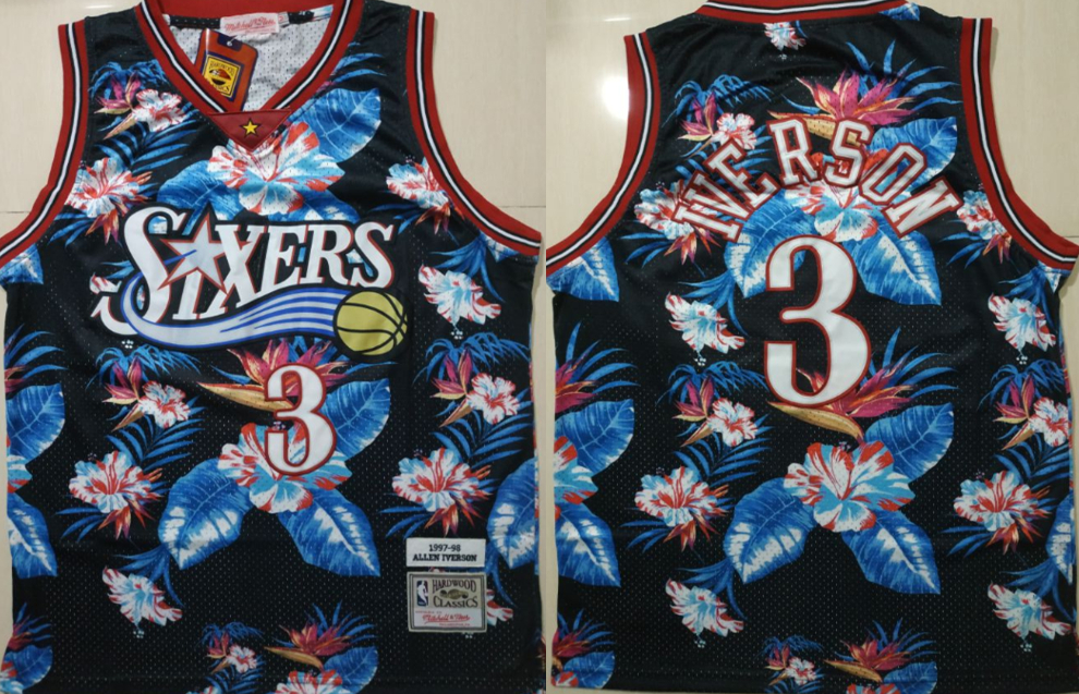 76ers 3 Allen Iverson Black 1997-98 Hardwood Classics Floral Fashion Swingman Jersey