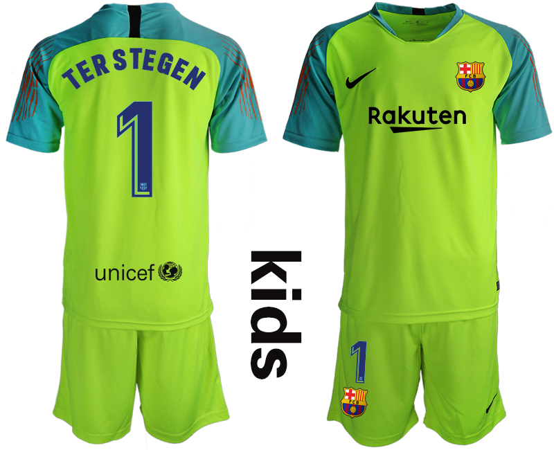 2019-20 Barcelona 1 TERSTEGEN Fluorescent Green Youth Goalkeepe Soccer Jersey
