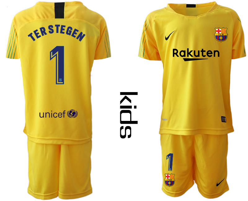 2019-20 Barcelona 1 TERSTEGEN Yellow Youth Goalkeepe Soccer Jersey - Click Image to Close