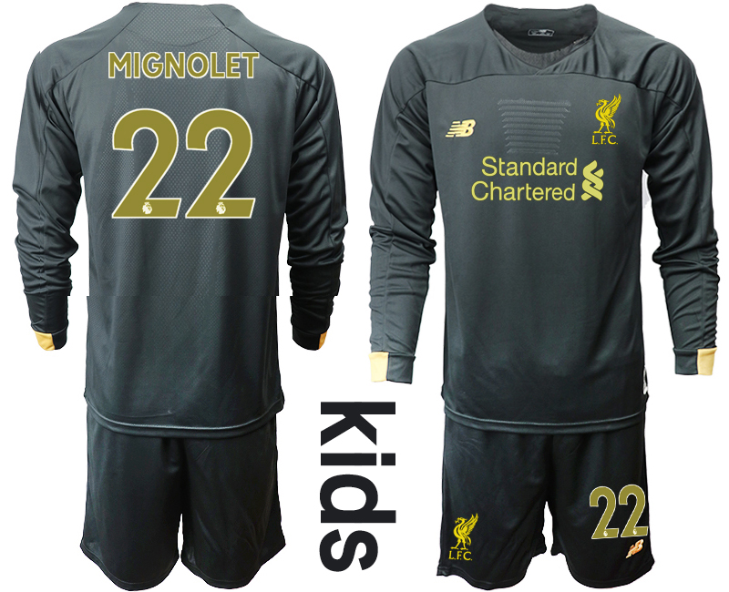 2019-20 Liverpool 22 MIGNOLET Black Long Sleeve Goalkeeper Youth Soccer Jersey - Click Image to Close