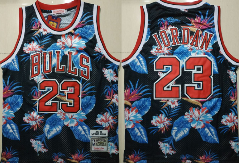 Bulls 23 Michael Jordan Black 1997-98 Hardwood Classics Floral Fashion Swingman Jersey - Click Image to Close