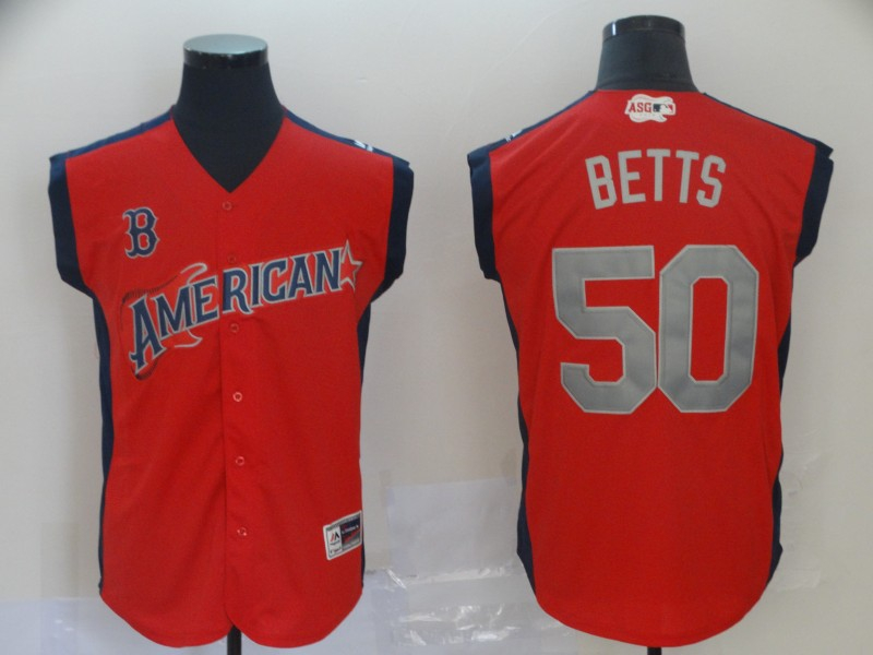 American League 50 Mookie Betts Red 2019 MLB All Star Game Workout Player Jersey