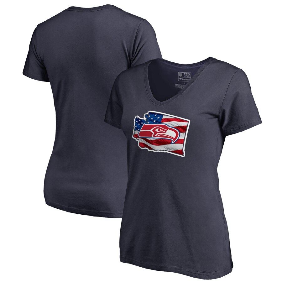 Seattle Seahawks NFL Pro Line by Fanatics Branded Women's Plus Size Banner State V Neck T-Shirt Navy