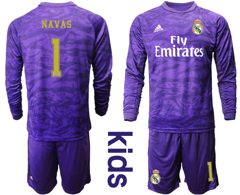2019-20 Real Madrid 1 NAVAS Purple Long Sleeve Youth Goalkeeper Soccer Jersey