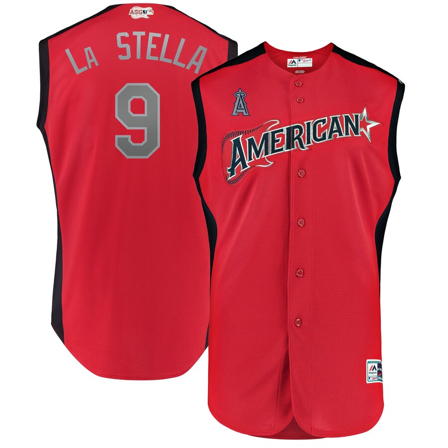 American League 9 Tommy La Stella Red 2019 MLB All-Star Game Workout Player Jersey