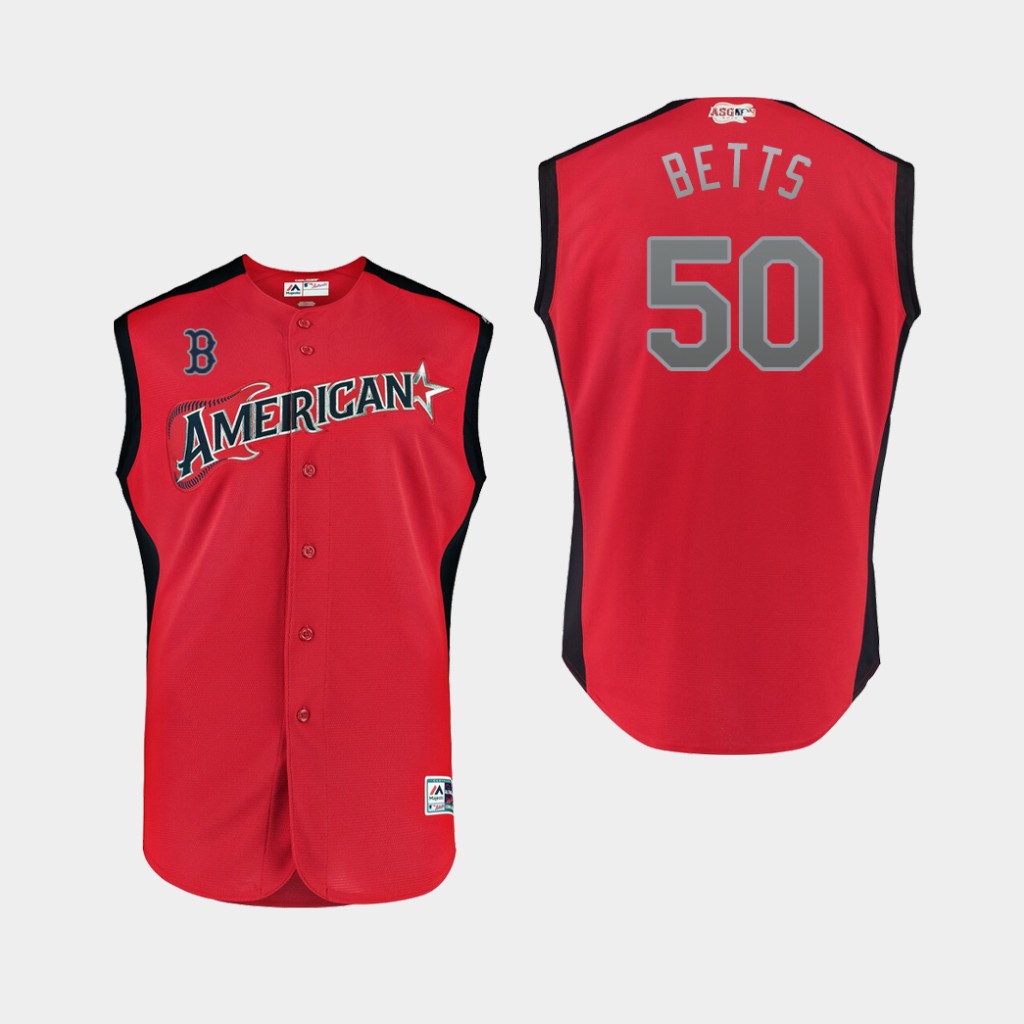 American League 50 Mookie Betts Red Youth 2019 MLB All-Star Game Workout Player Jersey