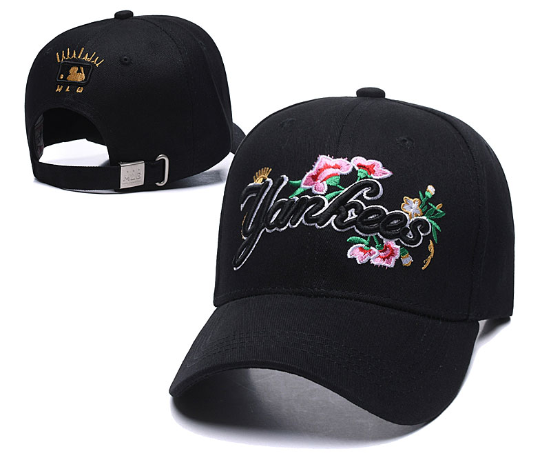 Yankees Team Logo Black With Flowers Peaked Adjustable Hat SG