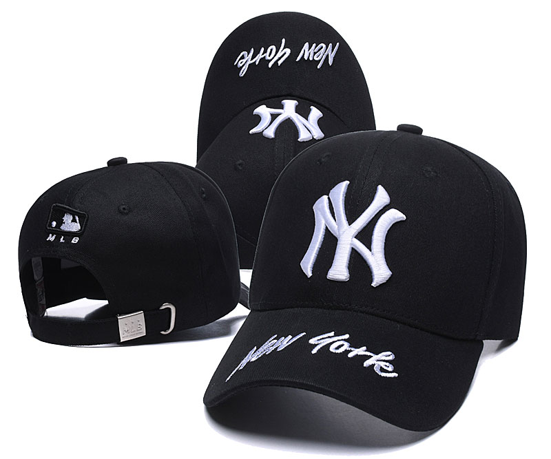 Yankees Team White Logo Black Peaked Adjustable Hats SG