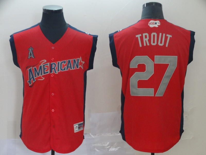 American League 27 Mike Trout Red 2019 MLB All-Star Game Workout Player Jersey