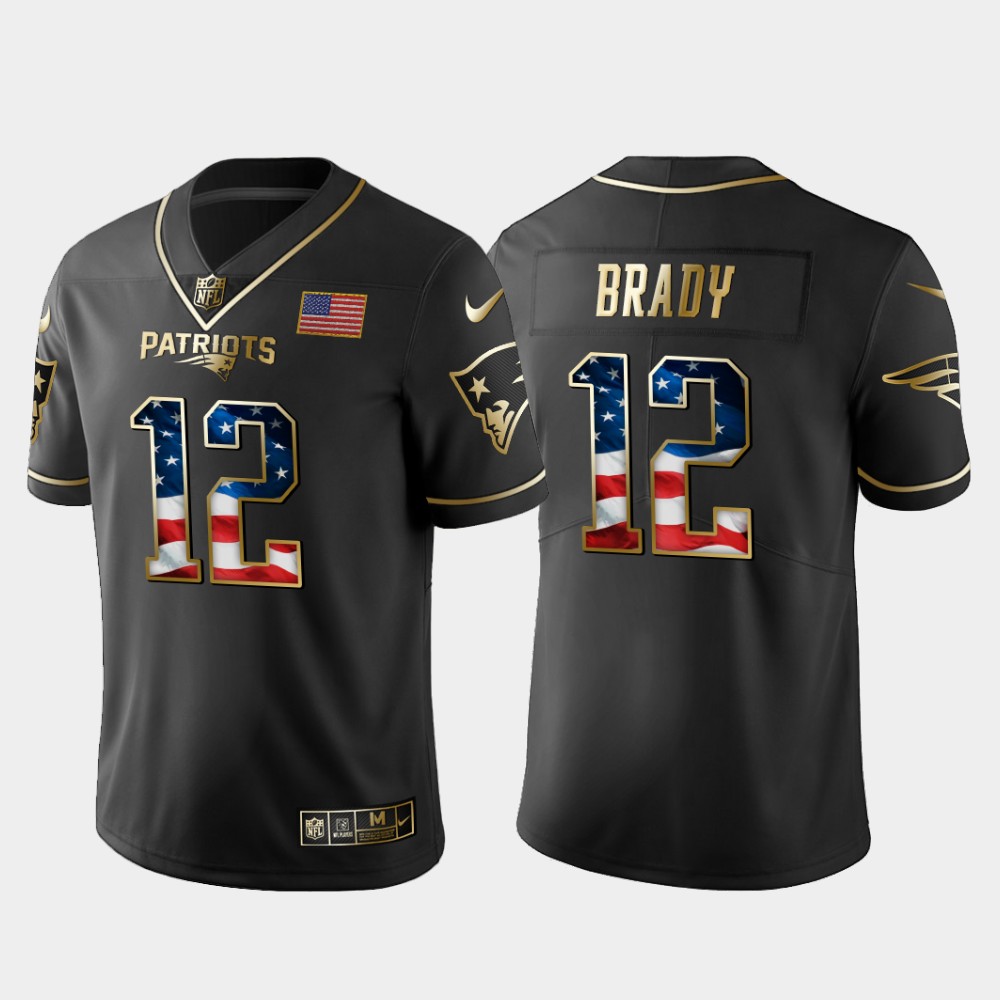 Nike Patriots 12 Tom Brady Black Gold USA Flag Fashion Limited Jersey
