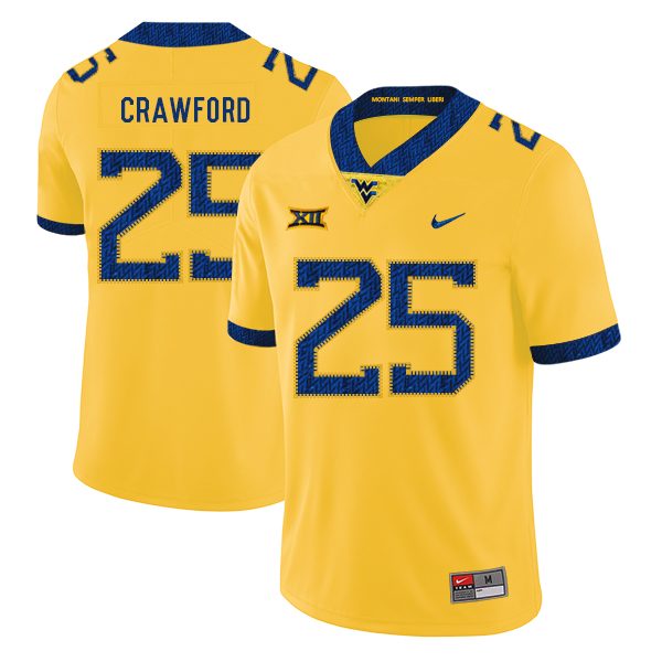 West Virginia Mountaineers 25 Justin Crawford Yellow College Football Jersey