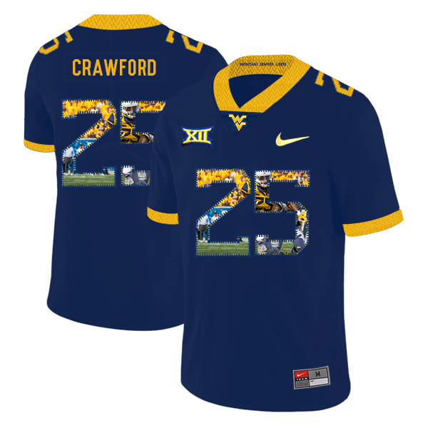 West Virginia Mountaineers 25 Justin Crawford Navy Fashion College Football Jersey