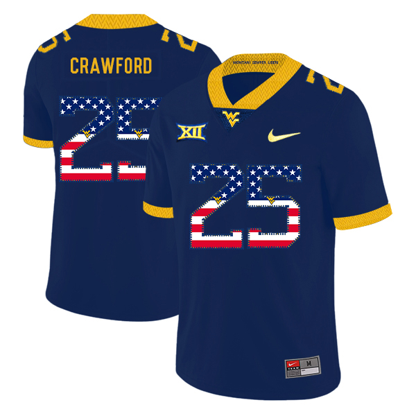 West Virginia Mountaineers 25 Justin Crawford Navy USA Flag College Football Jersey