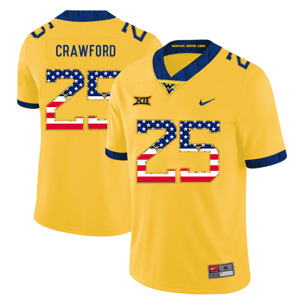 West Virginia Mountaineers 25 Justin Crawford Yellow USA Flag College Football Jersey