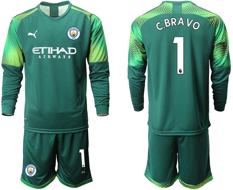 2019-20 Manchester City 1 C.BRAVO Dark Green Goalkeeper Long Sleeve Soccer Jersey