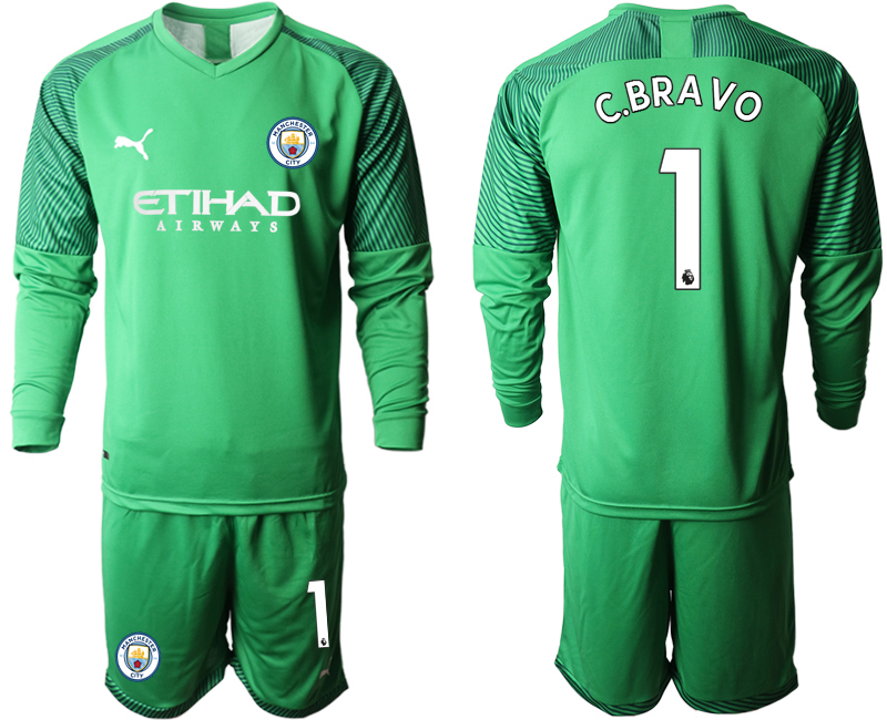 2019-20 Manchester City 1 C.BRAVO Green Goalkeeper Long Sleeve Soccer Jersey