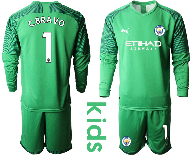 2019-20 Manchester City 1 C.BRAVO Green Goalkeeper Youth Long Sleeve Soccer Jersey