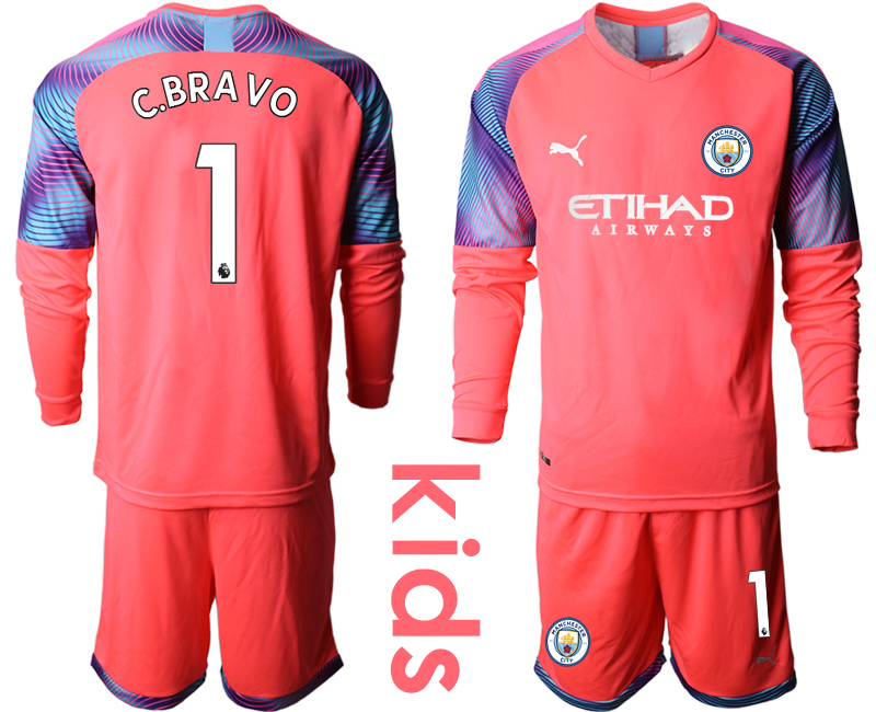 2019-20 Manchester City 1 C.BRAVO Pink Goalkeeper Youth Long Sleeve Soccer Jersey