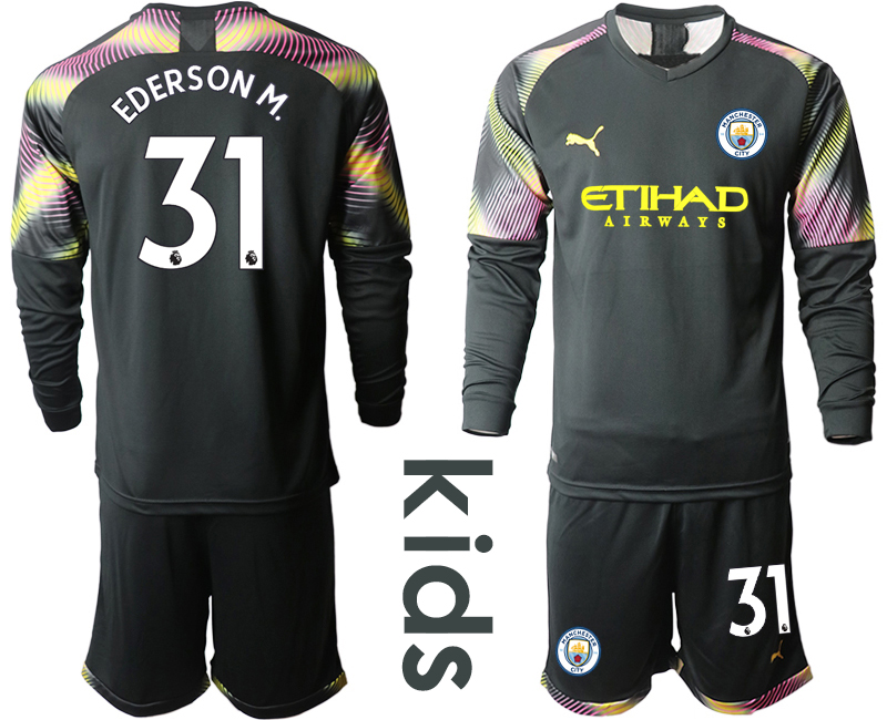 2019-20 Manchester City 31 EDERSON M. Black Goalkeeper Youth Long Sleeve Soccer Jersey