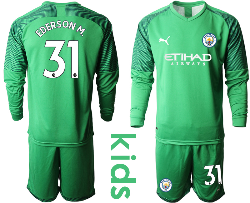 2019-20 Manchester City 31 EDERSON M. Green Goalkeeper Youth Long Sleeve Soccer Jersey