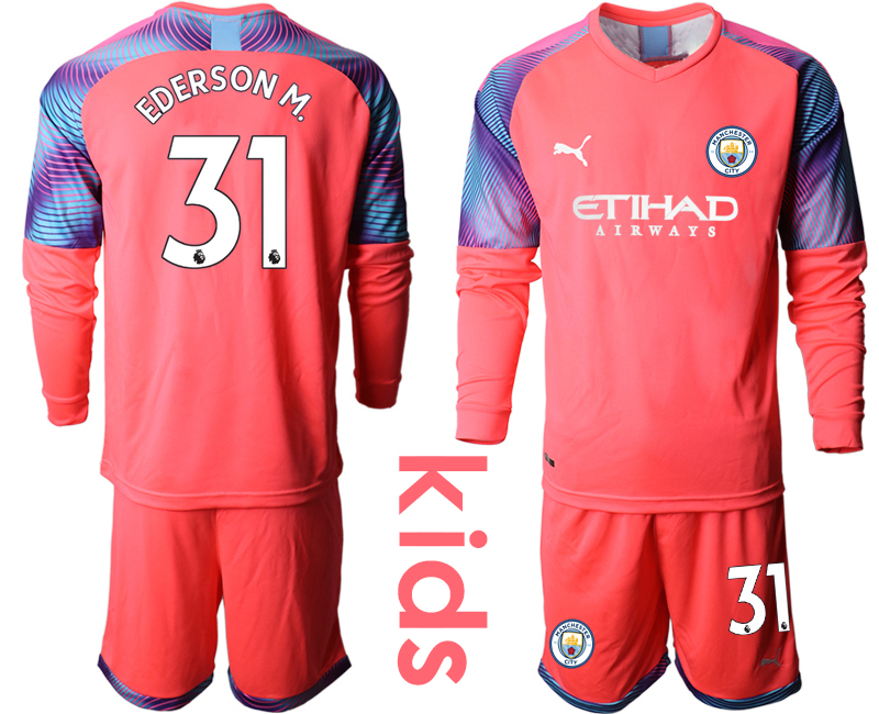 2019-20 Manchester City 31 EDERSON M. Pink Goalkeeper Youth Long Sleeve Soccer Jersey