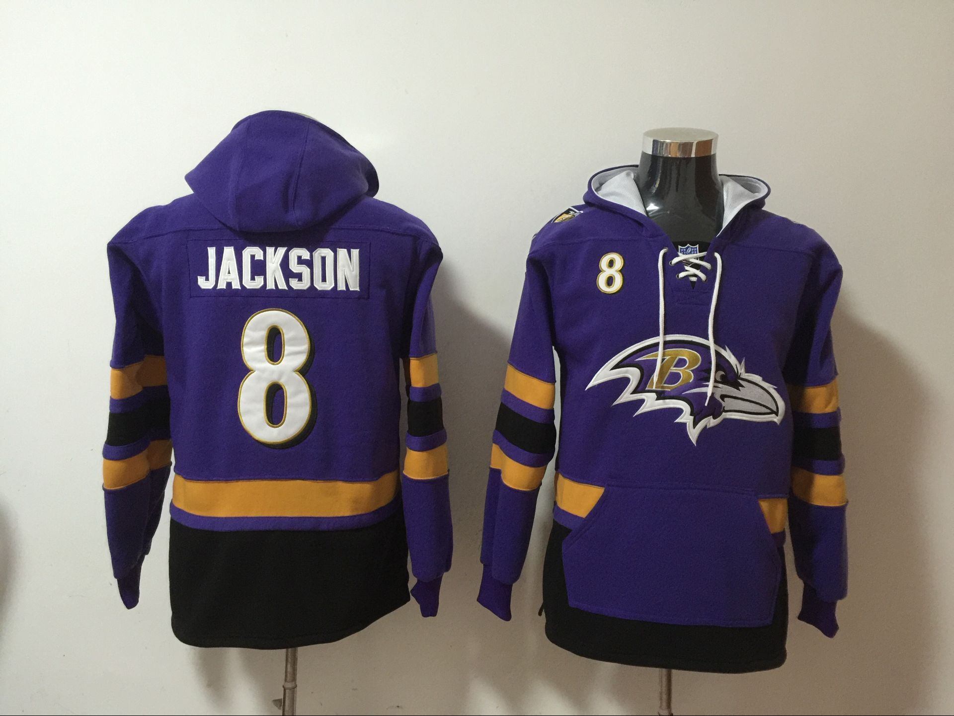 Nike Ravens 8 Lamar Jackson Purple All Stitched Hooded Sweatshirt