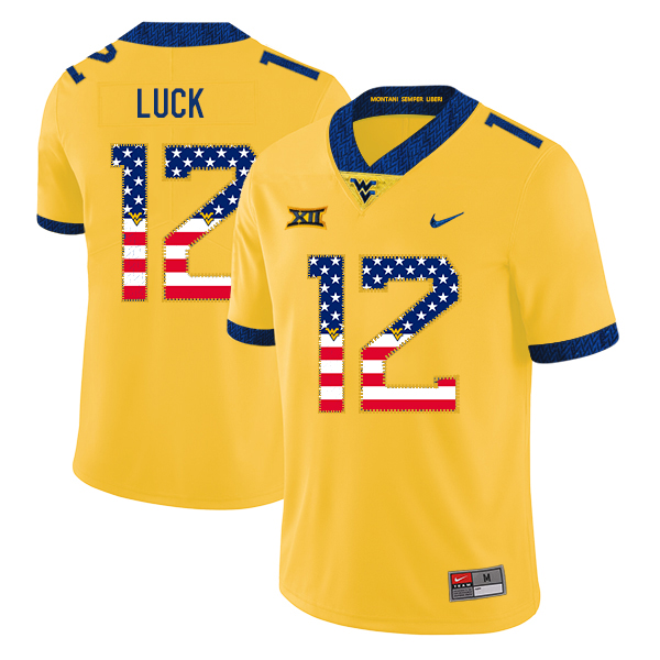 West Virginia Mountaineers 12 Oliver Luck Yellow USA Flag College Football Jersey