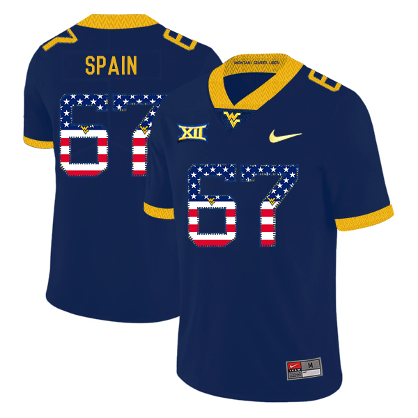 West Virginia Mountaineers 67 Quinton Spain Navy USA Flag College Football Jersey