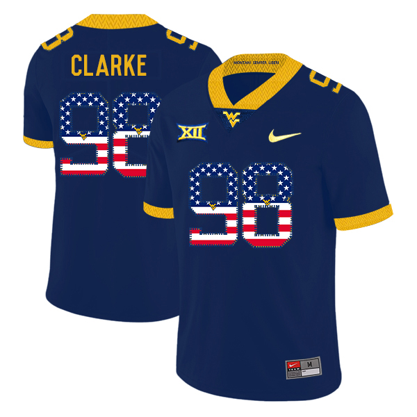 West Virginia Mountaineers 98 Will Clarke Navy USA Flag College Football Jersey