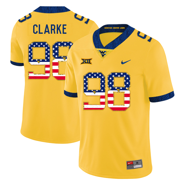 West Virginia Mountaineers 98 Will Clarke Yellow USA Flag College Football Jersey