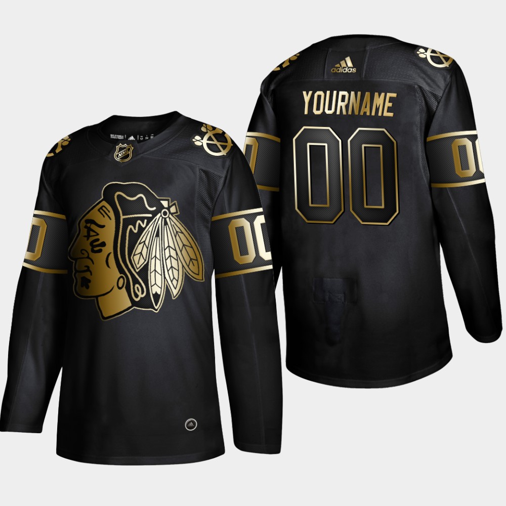 Blackhawks Customized Black Gold Adidas Jersey
