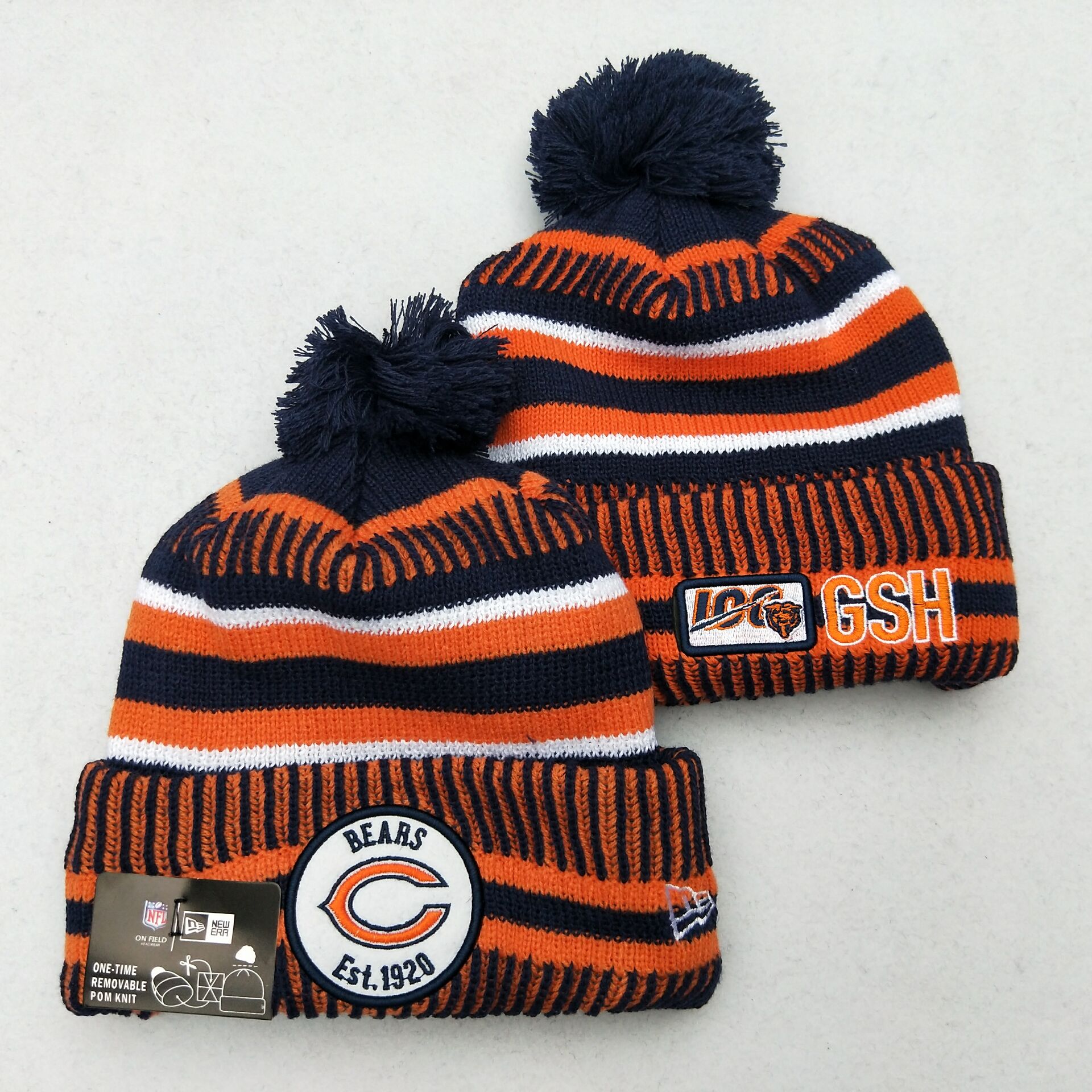 Bears Team Logo Orange 100th Season Pom Knit Hat YD - Click Image to Close