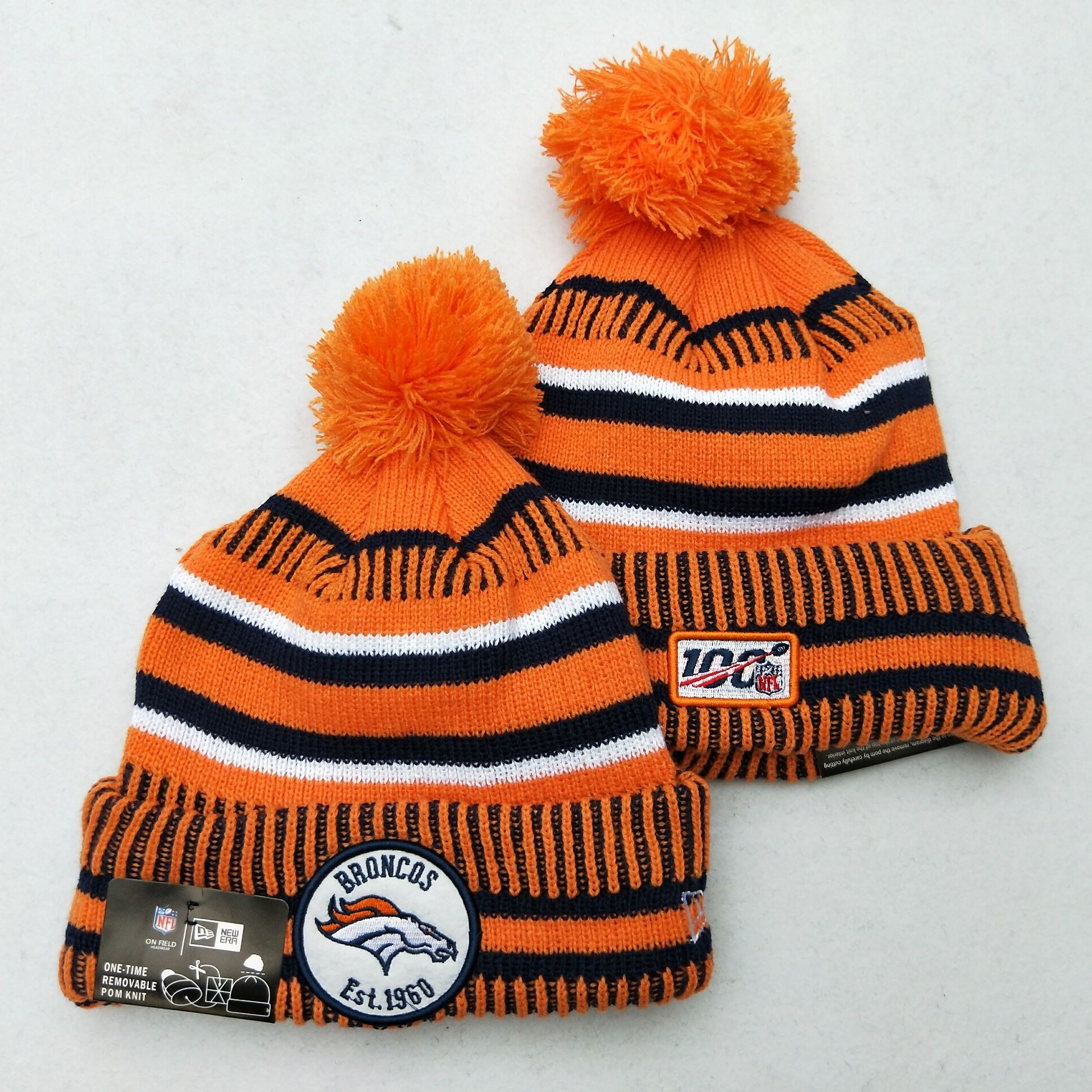 Broncos Team Logo Orange 100th Season Pom Knit Hat YD
