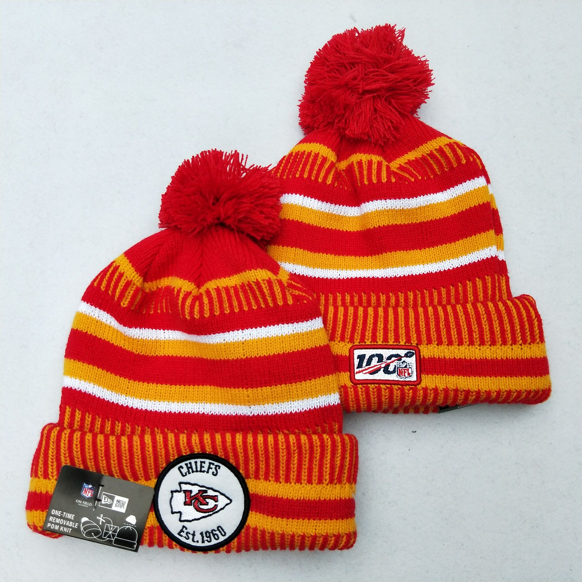 Chiefs Team Logo Red 100th Season Pom Knit Hat YD - Click Image to Close