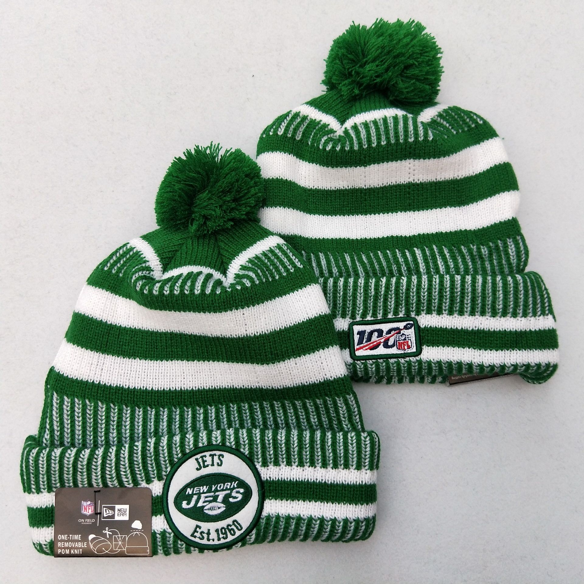 Jets Team Logo Green 100th Season Pom Knit Hat YD - Click Image to Close