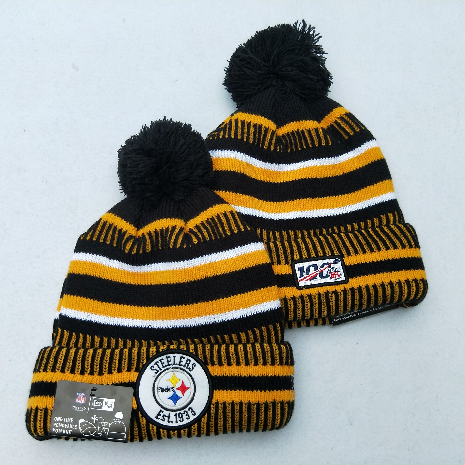 Steelers Team Logo Yellow 100th Season Pom Knit Hat YD - Click Image to Close