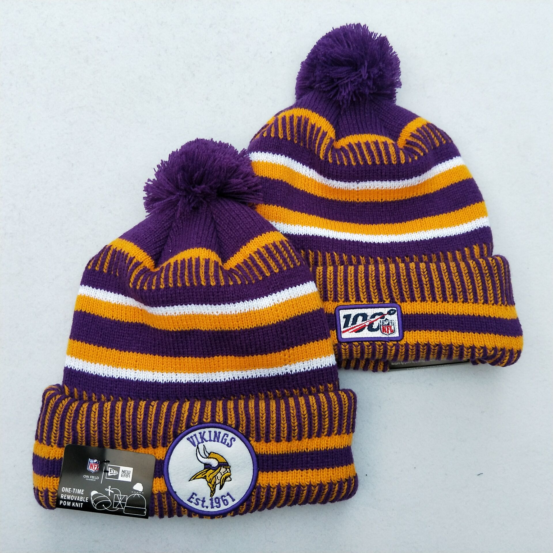 Vikings Team Logo Yellow Purple 100th Season Pom Knit Hat YD