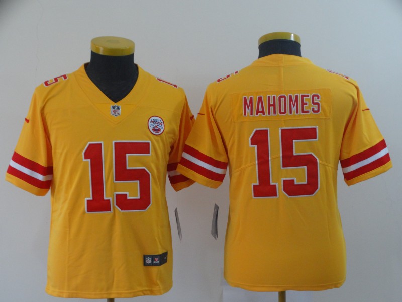 Nike Chiefs 15 Patrick Mahomes Gold Youth Inverted Legend Limited Jersey - Click Image to Close