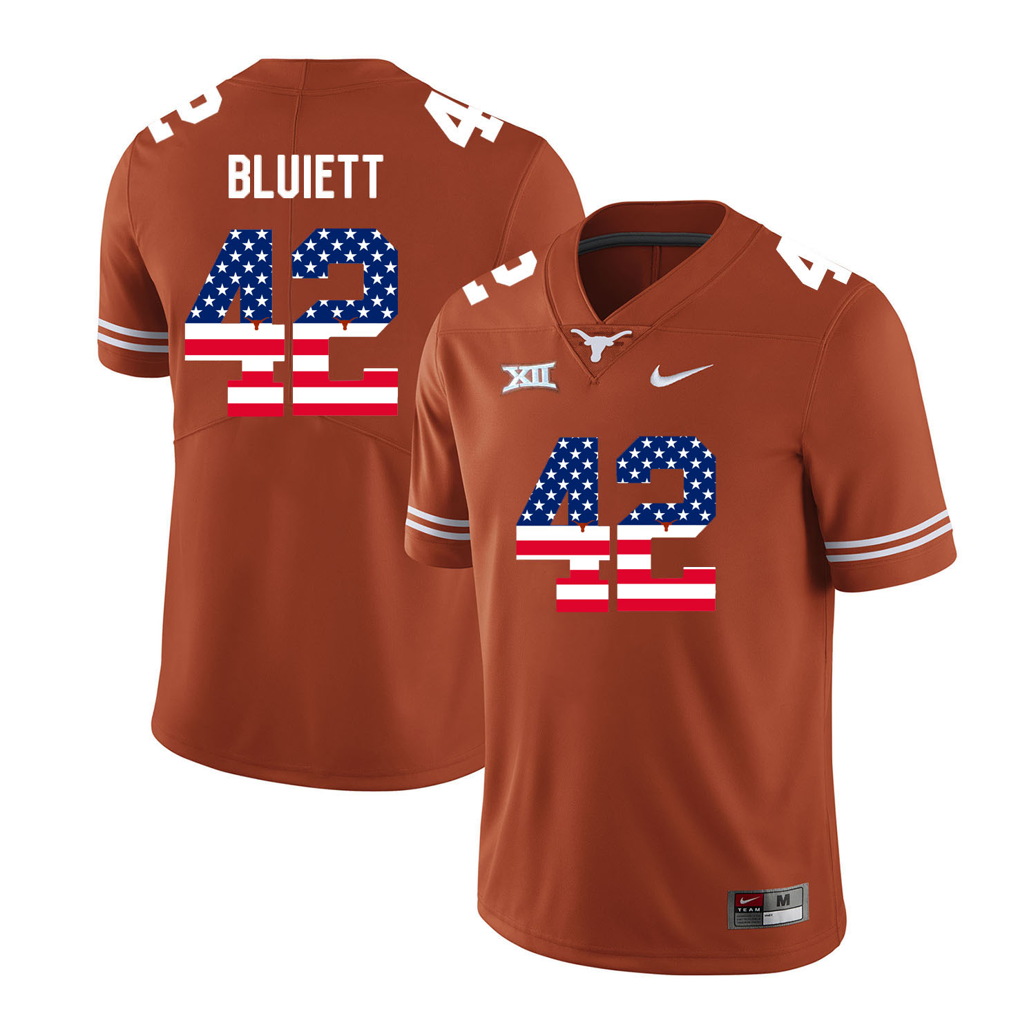 Texas Longhorns 42 Caleb Bluiett Orange USA Flag Nike College Football Jersey
